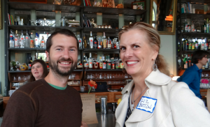 Photo courtesy of Western North Carolina Alliance/Western North Carolina Alliance’s French Broad Riverkeeper Hartwell Carson and Liz Button, owner of Curate and Nightbell restaurants, attended the Asheville Beyond Coal business reception on Thursday night. Button joined other local business owners in calling for Duke Energy to retire its coal-fired power plant and to move toward clean, renewable energy sources.