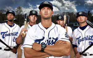 The 2015 Asheville Tourists, featuring Manager Warren Schaeffer, center./ PHOTOGRAPH by STEWART O'SHIELDS for ASHVEGAS.COM