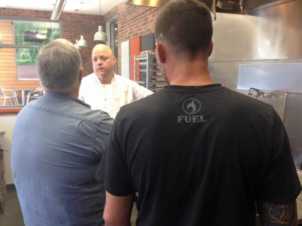L-R: Bob, Chef Brian, and Rob at the doughnut maker in Asheville Biscuitry