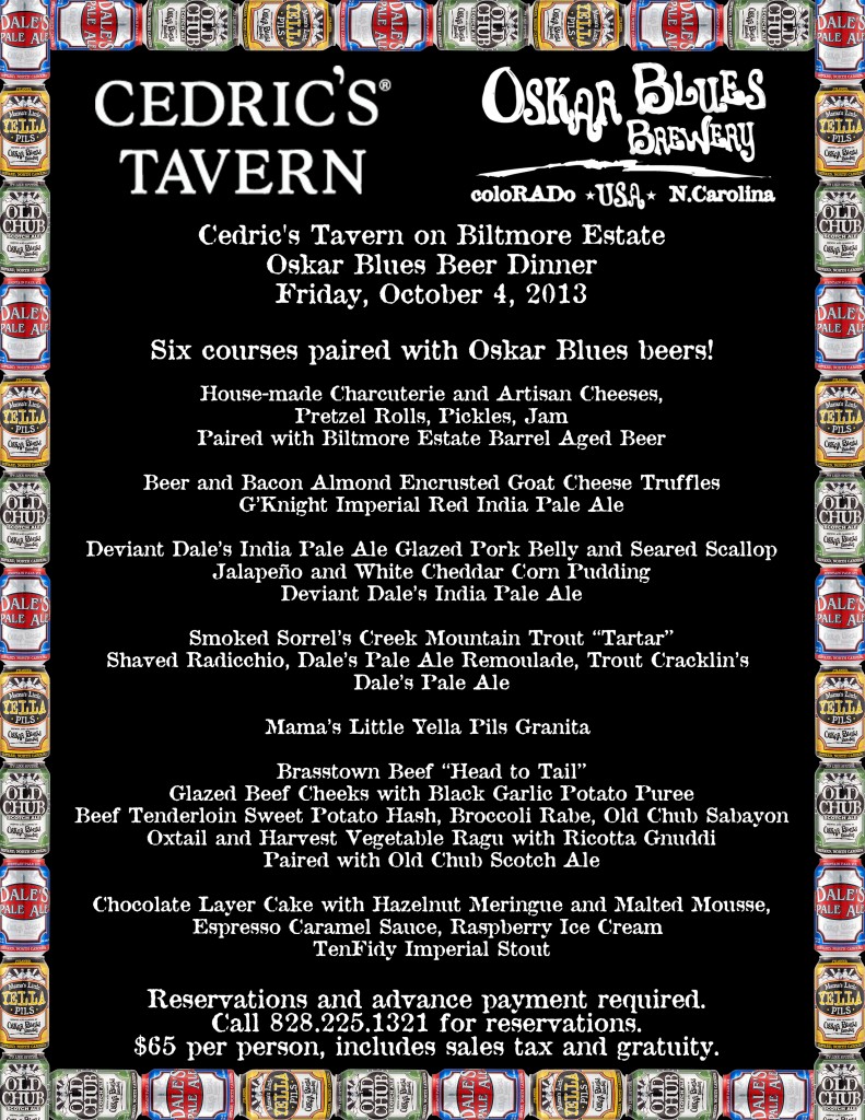 Oskar Blues beer dinner set for Friday at Cedric's Tavern on Biltmore